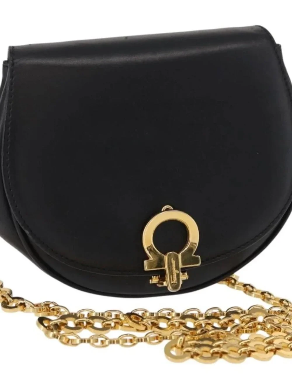 Salvatore Ferragamo Chain Gancini Shoulder Bag Leather Black Gold Auth 161032